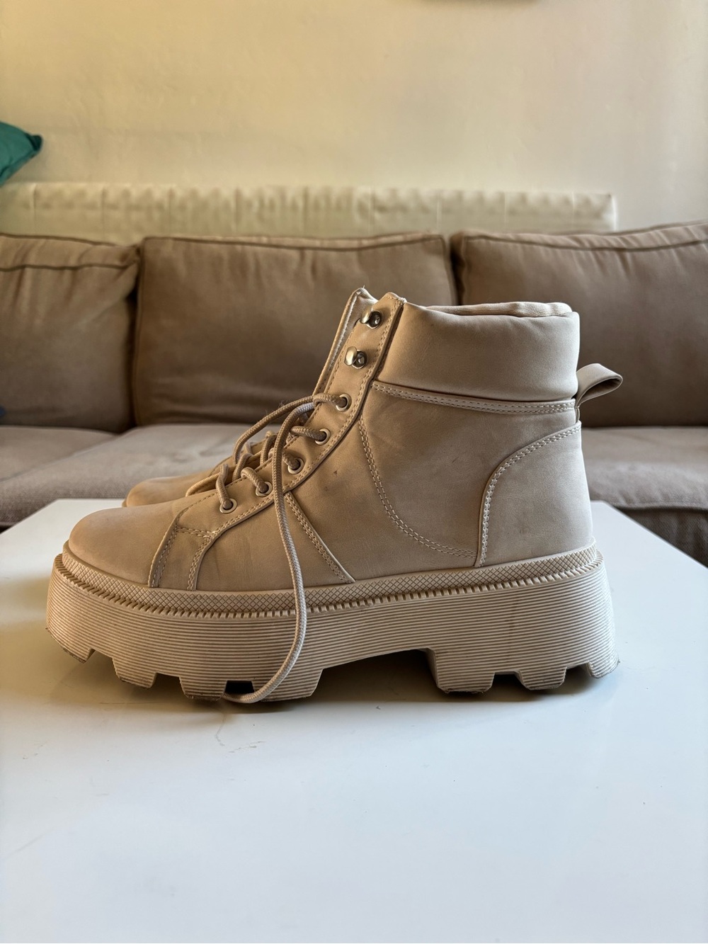 Neutral Platform Lace-Up Ankle Boot - Beige